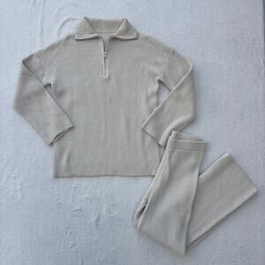 SHEIN EZwear 1/4 Zip Long Sleeve Sweater & Pants Lounge Set Women's Sz XS Beige